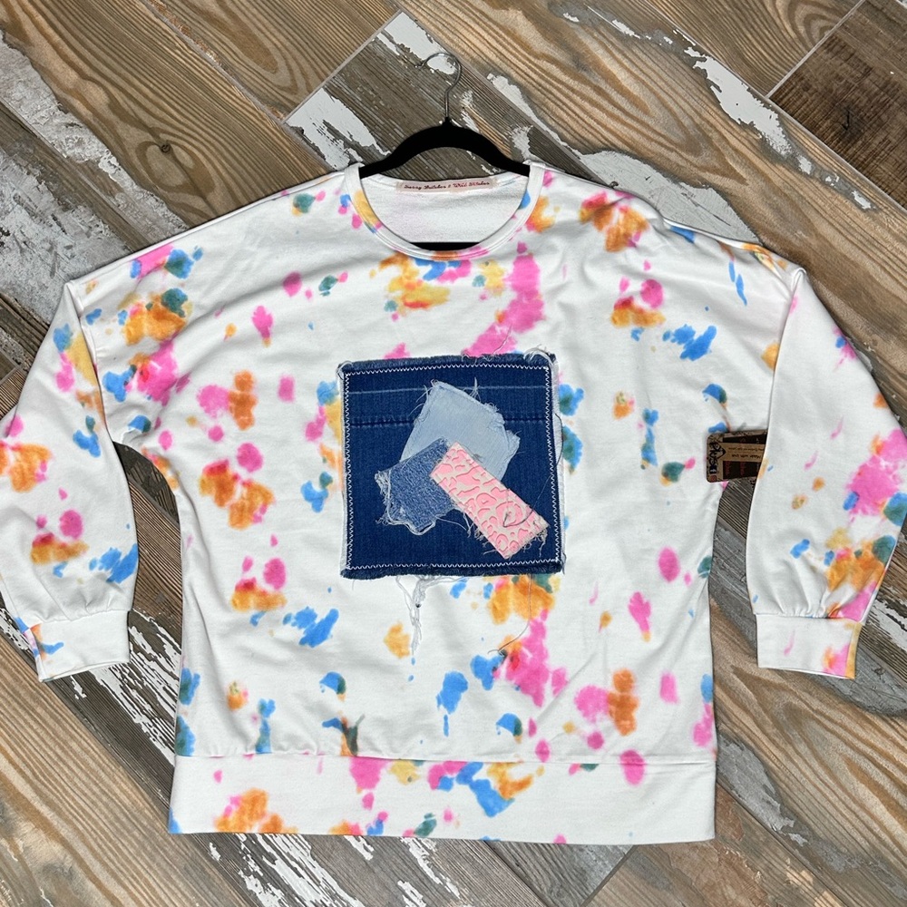 Handmade Upcycled Repurposed Rework Tie Dye Denim Sweatshirt Gypsy Hippie Plus